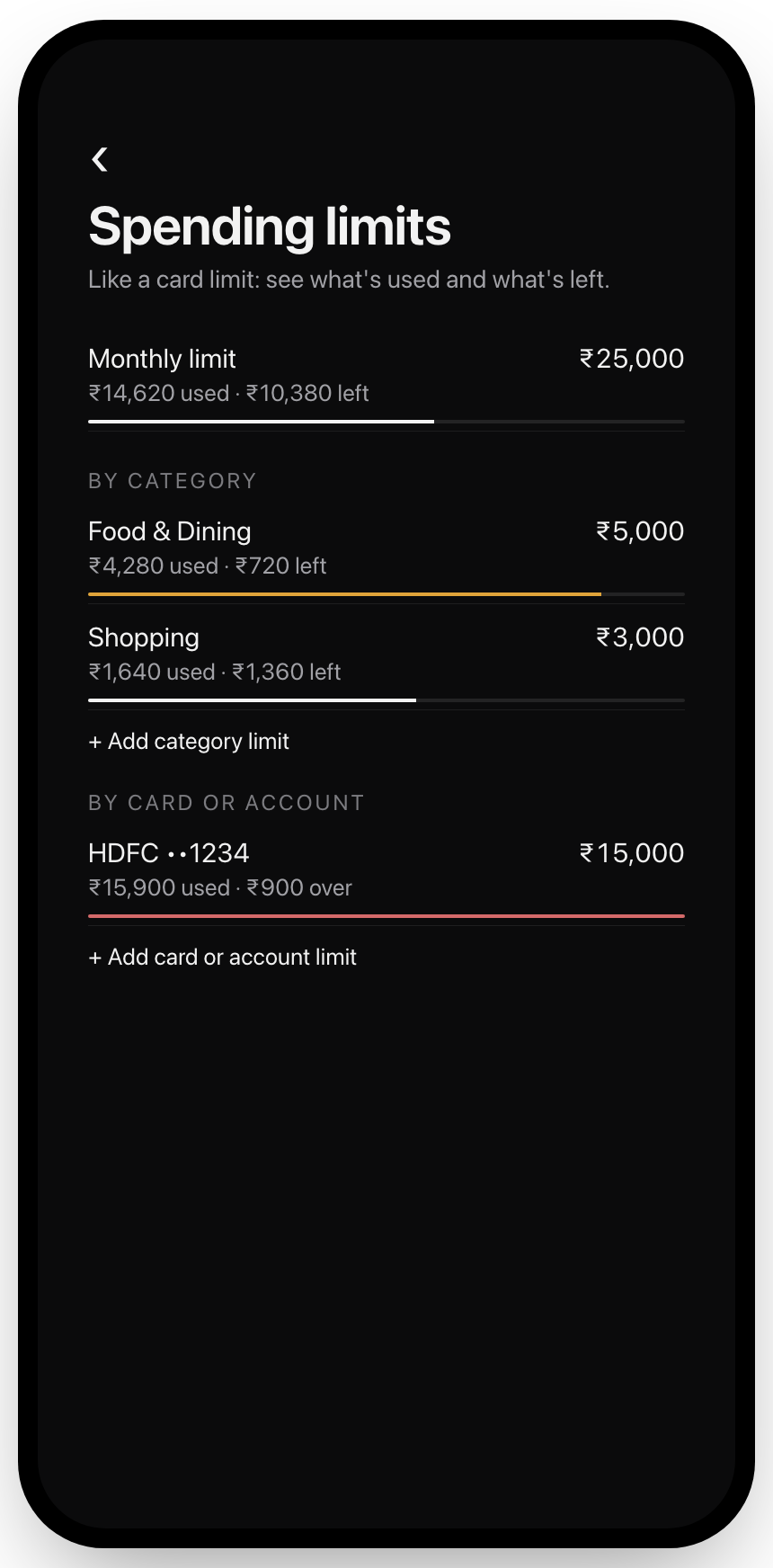 Spending limits showing used and left