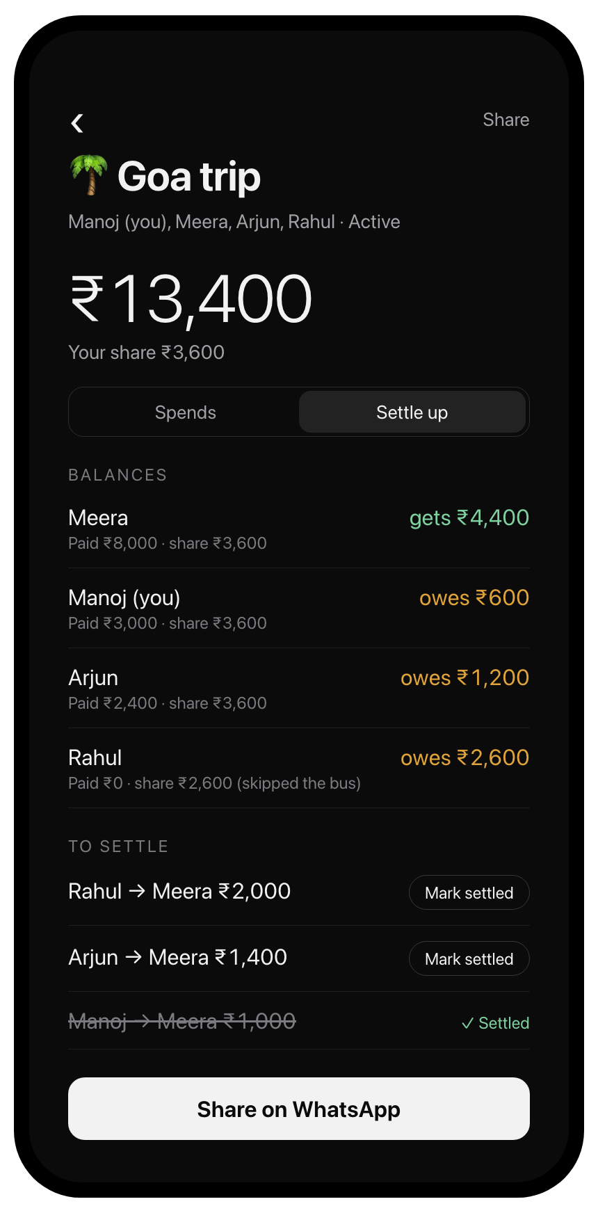 A trip group with balances and payments to settle